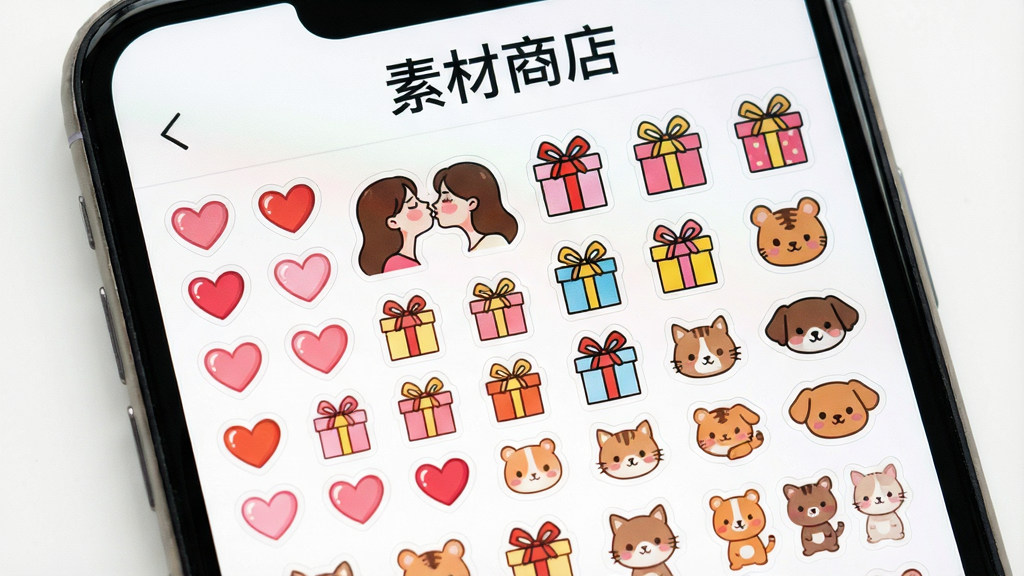 情侣手帐素材库展示图,屏幕内铺满各种风格的恋爱贴纸,包括爱心、亲吻、礼物、小动物等元素,色彩鲜艳,排列整齐,界面顶部有“素材商店”字样,背景为白色,画质高清,细节丰富,无多余元素