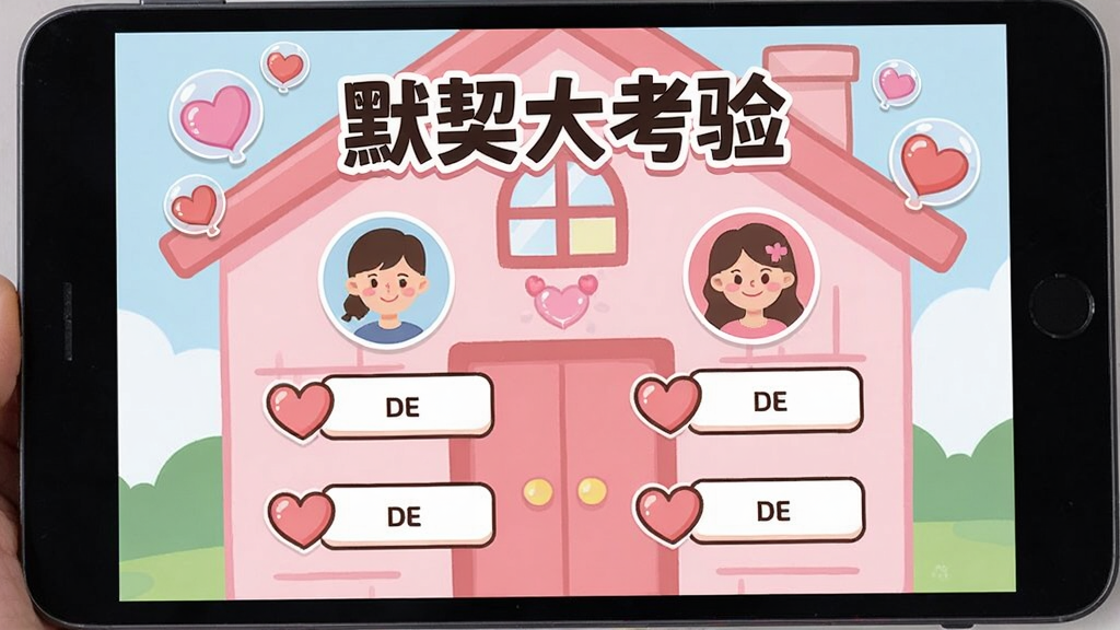 情侣手帐互动问答游戏截图,屏幕上显示“默契大考验”标题,下方有两道选择题,分别标注了男女方的头像,背景为可爱的粉色小屋,有爱心气泡装饰,整体风格活泼有趣,画质清晰,无多余元素