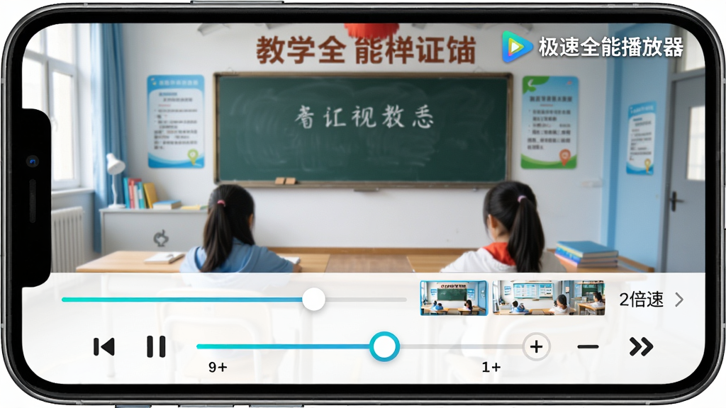 主体:极速全能播放器播放学习视频,界面下方有倍速调节滑块,选择2倍速。布局:手机屏幕正面展示,视频内容为教学课件,下方有控制栏。排版:控制栏清晰,倍速数字高亮显示,右上角有“极速全能播放器”标识。风格:简洁,明亮,教育风格。细节:进度条有缩略图预览,倍速调节滑块有+/-符号。画质:高清,干净,无多余元素。