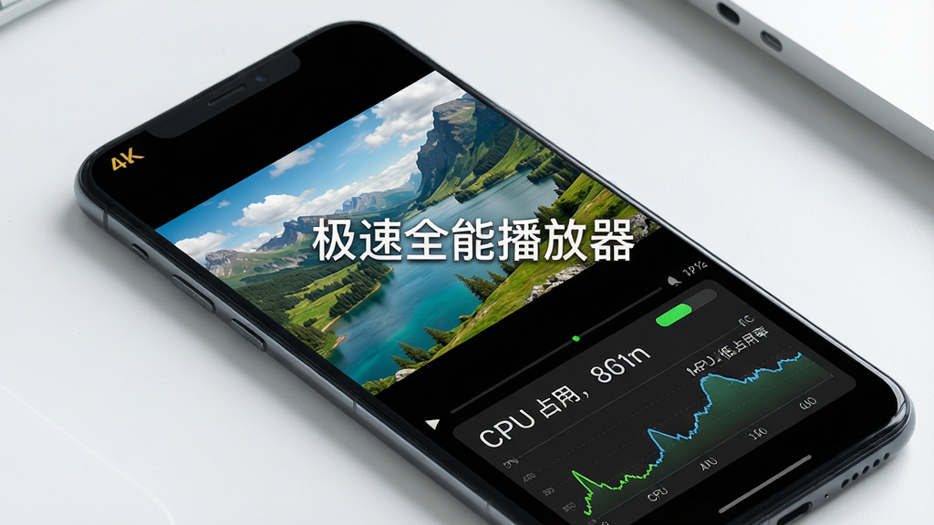 主体:手机运行极速全能播放器,屏幕显示4K超清视频画面,画面下方有性能监控小窗,显示CPU占用率低。布局:手机斜放,背景为简约桌面,屏幕中视频画面清晰,监控窗在右下角。排版:监控窗数据条显示绿色低占用,画面中央有“极速全能播放器”水印。风格:写实,明亮,科技感。细节:视频画面为自然风景,色彩细腻,监控窗有实时曲线。画质:超高清,干净,无多余元素。
