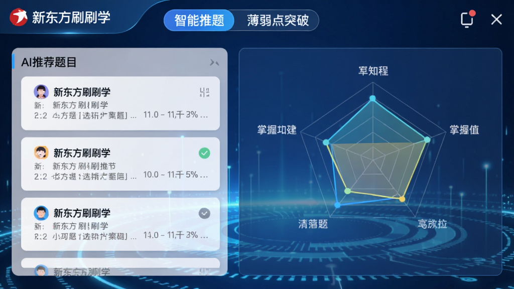 新东方刷刷学智能刷题功能截图,左侧显示“新东方刷刷学”的AI推荐题目列表,右侧是雷达图展示各知识点掌握程度,背景为淡蓝色科技感光效,界面有“智能推题”“薄弱点突破”标签,风格现代清晰,画质高清,干净无多余元素