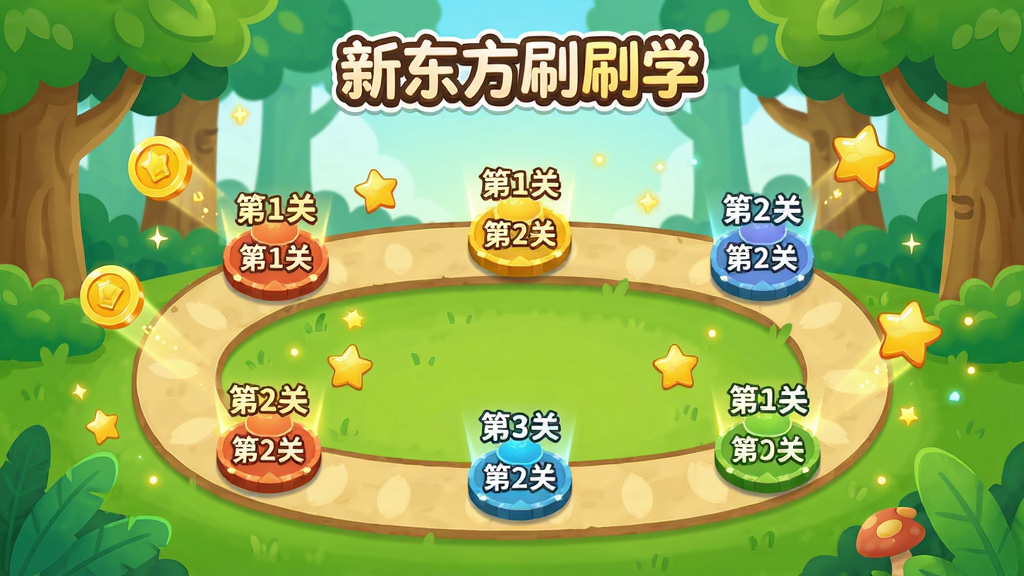 新东方刷刷学趣味闯关地图界面,画面中央是一条蜿蜒的闯关路径,路径上有多个关卡节点,节点上标注“第1关”“第2关”等,顶部显示“新东方刷刷学”的卡通Logo,背景是明亮的卡通森林,有金币和星星特效,整体活泼可爱,画质清晰,干净无多余元素