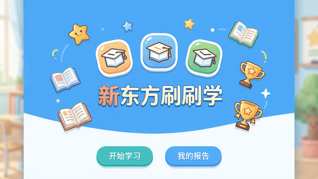 新东方刷刷学学习辅导软件主界面展示,界面以清新的蓝白配色为主,中央是卡通风格的学科图标和“新东方刷刷学”字样,周围环绕着星星、书本和奖杯元素,底部有“开始学习”“我的报告”等按钮,整体布局简洁明快,适合中小学生视觉风格,高清画质,干净无多余元素