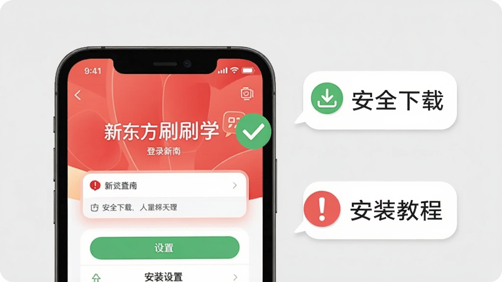 新东方刷刷学使用指南示意图,手机屏幕显示“新东方刷刷学”的登录界面和设置选项,旁边有绿勾和感叹号图标,背景为浅灰色,配有文字气泡“安全下载”“安装教程”,风格简洁明了,画质清晰,干净无多余元素