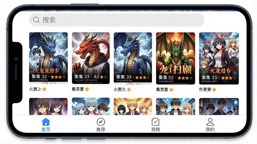 一张展示火龙漫剧APP在手机屏幕上运行的界面截图,主体为应用首页,顶部有搜索栏,中间是推荐动漫海报瀑布流,底部有四个导航标签,整体布局简洁现代,风格清新明快,细节包括每张海报下方显示集数与评分,画质高清干净,无多余元素