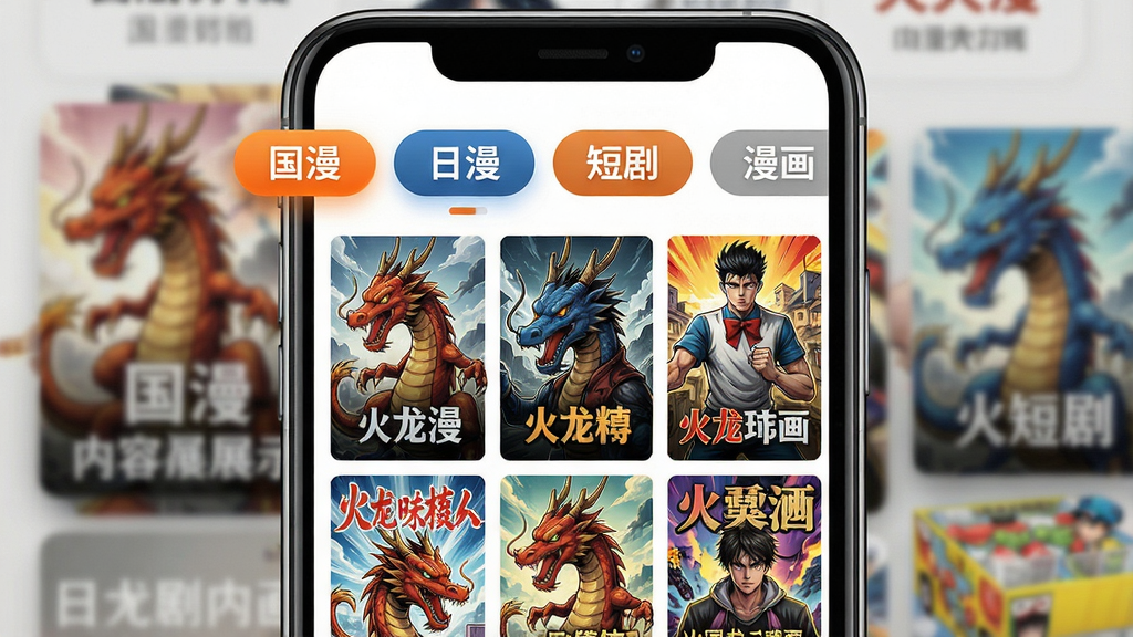 一张火龙漫剧内容分类展示图,主体为手机屏幕内呈现的分类标签页,包括“国漫”“日漫”“短剧”“漫画”等横向标签,下方是不同封面的网格布局,风格统一且色彩丰富,布局整齐,细节突出标签选中状态的高亮色,画质干净无多余元素