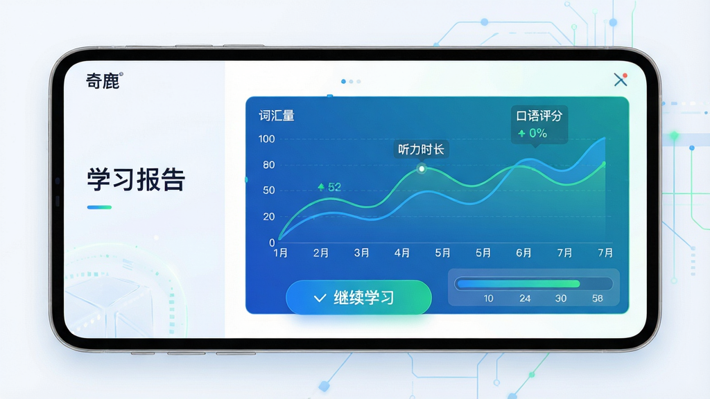 主体:奇鹿App的学习报告页面,显示折线图和进度条;布局:图表居中,左侧有“学习报告”标题;排版:数据可视化,配色以蓝色和绿色为主;风格:科技感教育风格,简洁明亮;细节:图表上有“词汇量”“听力时长”“口语评分”等标签,底部有“继续学习”按钮;画质:高清,干净无杂乱元素