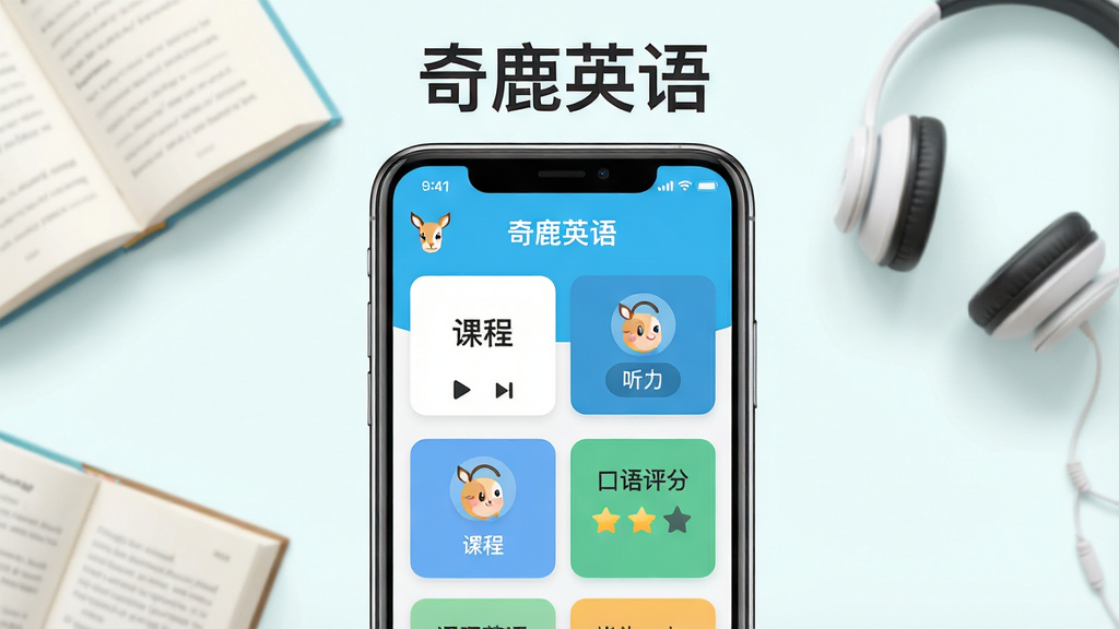 主体:奇鹿英语App的主界面展示,手机屏幕上有“奇鹿英语”字样和课程列表;布局:手机居中,屏幕内容清晰可辨,周围有淡淡的书本和耳机装饰;排版:主标题“奇鹿英语”置于手机上方,下方为课程卡片排列;风格:现代扁平化教育风格,色彩明亮清新;细节:屏幕内显示单词卡片、听力播放按钮、口语评分星星;画质:高清渲染,干净无多余元素