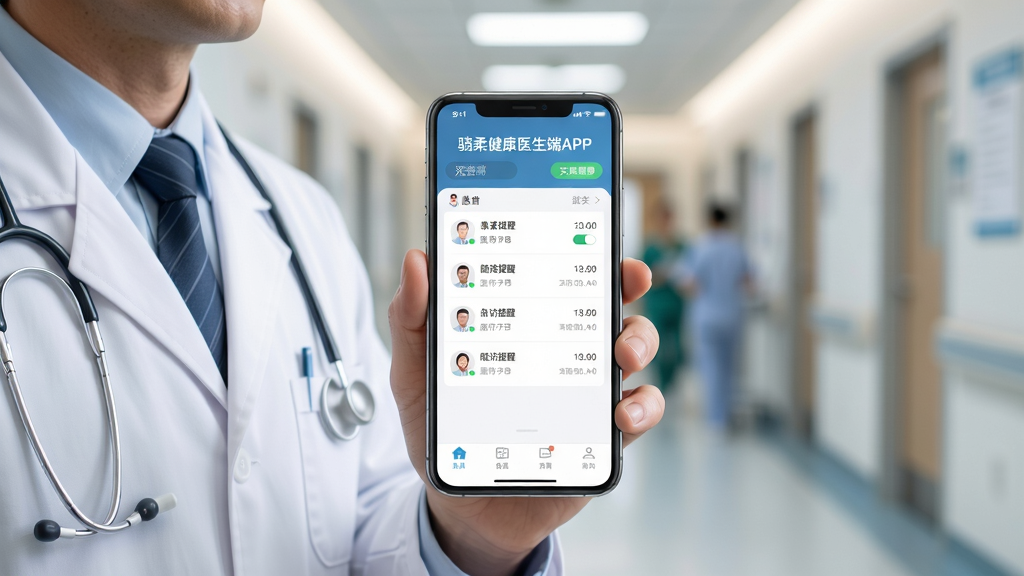 画面主体为一位穿白大褂的医生手持智能手机,手机屏幕显示“骁柔健康医生端APP”主界面,界面清晰展示患者列表与随访提醒;布局采用手机居中、医生半身侧立,背景为现代化医院走廊虚化;排版干净利落,突出APP界面细节;风格写实明亮,光线柔和自然;画质高清,细节丰富,干净无多余元素