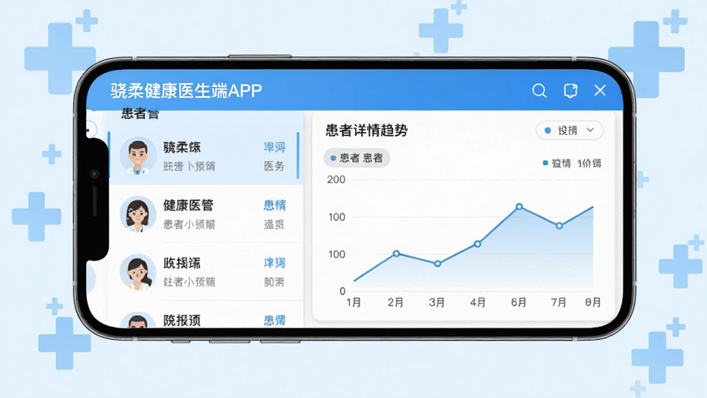 主体为手机横屏界面展示“骁柔健康医生端APP”患者管理页面,左侧是患者列表,右侧是患者详情趋势图;布局采用左右分栏,背景为浅蓝色医疗十字图标;排版规整,信息层级分明;风格扁平化,色彩以蓝白为主,干净清爽;画质清晰,细节到位,无多余装饰元素