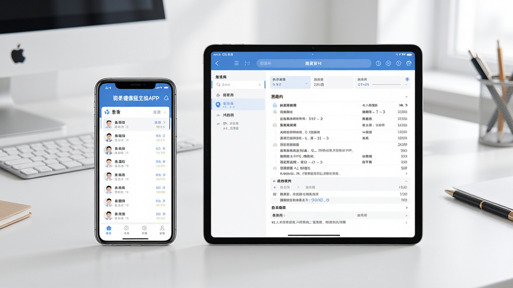 手机与平板电脑并排展示“骁柔健康医生端APP”界面,手机端显示患者列表,平板端显示病历详情;布局为左右摆放,背景为简洁办公桌面;排版整洁,产品界面清晰可见;风格写实,光线明亮,画质高清,干净无多余元素