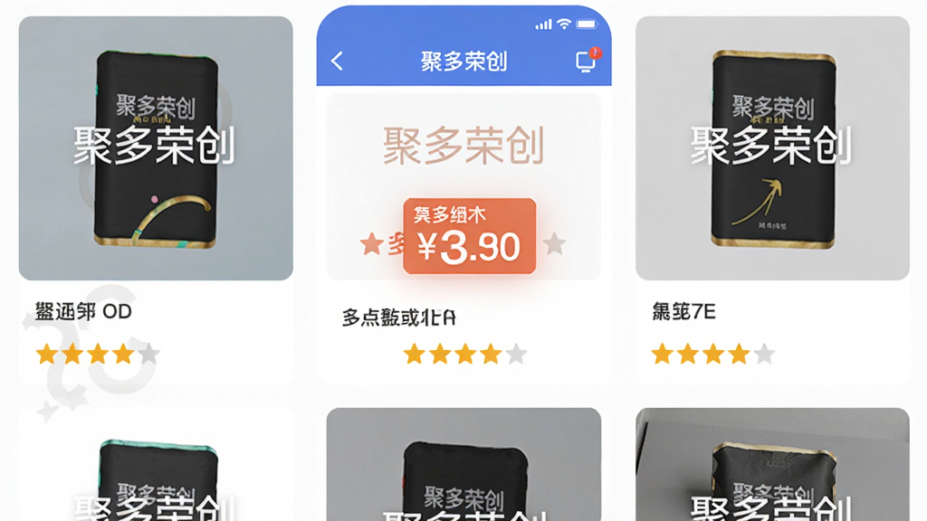 主体:聚多荣创APP中的商品展示页面。布局:多个商品图片排列,中间有价格和评分。排版:整齐的网格布局。风格:现代电商风格。细节:商品图片带有“聚多荣创”水印,价格标签醒目。画质:清晰,干净,无多余元素。