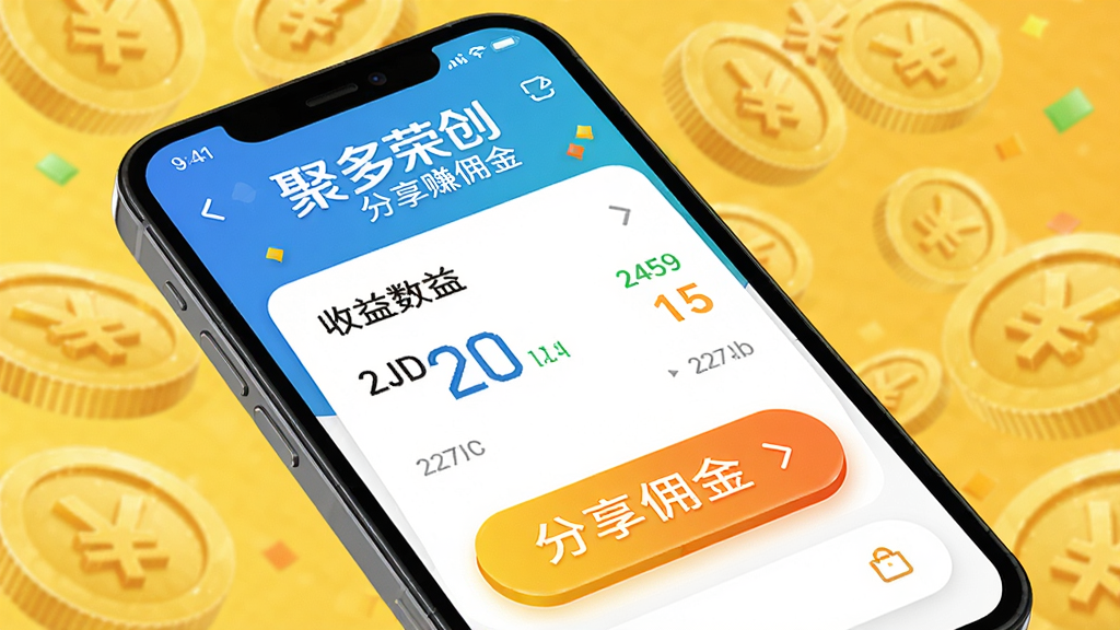 主体:聚多荣创APP的分享赚钱界面。布局:手机屏幕显示收益数据和分享按钮,背景有金币图标。排版:数据清晰,按钮突出。风格:活泼明亮。细节:屏幕上有“聚多荣创”和“分享赚佣金”字样。画质:高清,干净,无多余元素。
