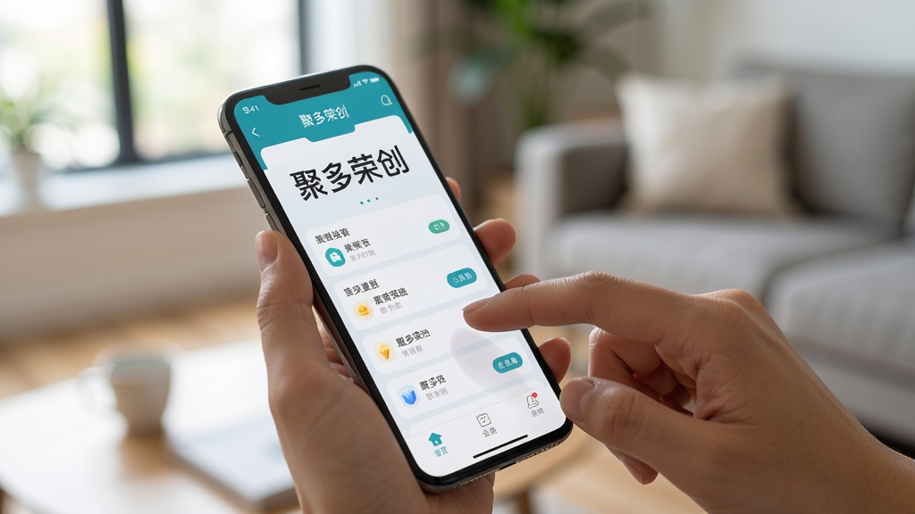 主体:用户正在手机上使用聚多荣创App。布局:手机屏幕清晰显示App界面,用户手指点击屏幕。排版:自然抓拍风格。风格:生活化,真实。细节:屏幕上有“聚多荣创”字样,背景为室内环境。画质:高清,干净,无多余元素。