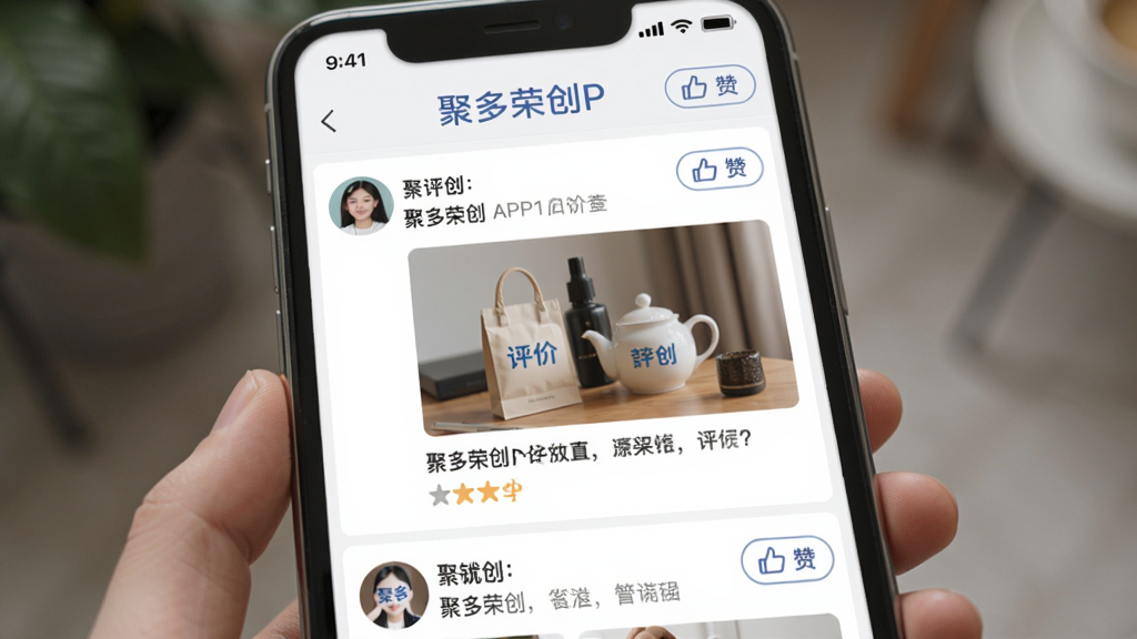主体:聚多荣创APP的社区讨论界面。布局:手机屏幕显示用户帖子列表,有头像和点赞按钮。排版:信息流式布局。风格:社交风格,轻松自然。细节:帖子内容包含商品图片和文字评价,带有“聚多荣创”标识。画质:清晰,干净,无多余元素。