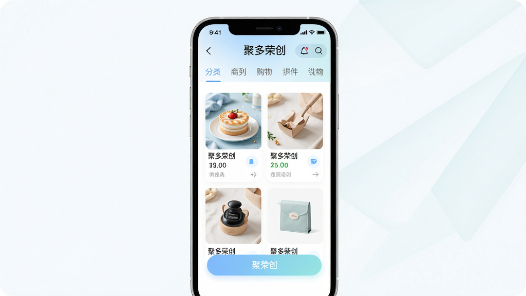 主体:聚多荣创APP界面,展示购物页面与商品列表。布局:手机屏幕居中,展示清晰的分类导航和商品卡片。排版:现代简洁,信息层级分明。风格:明亮清新,色彩柔和。细节:屏幕上有“聚多荣创”字样,商品图片清晰,按钮圆润。画质:高清,干净,无多余元素。