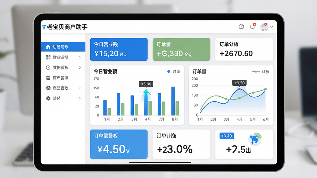 主体:老宝贝商户助手数据看板界面,显示柱状图和折线图,标有“今日营业额”、“订单量”等数据卡片;布局:平板电脑横屏展示,左侧为功能列表,右侧为图表区域;排版:数据卡片整齐排列,图表配色协调;风格:现代扁平化,背景白色,蓝色点缀;细节:图表动态效果,数字清晰,界面左上角有“老宝贝商户助手”标志;画质:高清晰度,干净简洁。