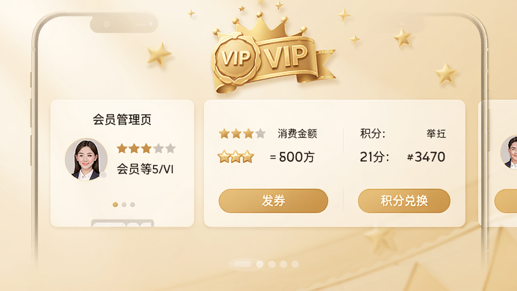 主体:会员管理页面,显示会员头像、等级、消费金额、积分,下方有“发券”和“积分兑换”按钮;布局:手机竖屏,会员卡片横向滑动,背景有金色VIP标识;排版:卡片式布局,信息简洁;风格:温暖色调,背景米黄,金色点缀;细节:会员等级图标清晰,数据完整;画质:高质感,干净。