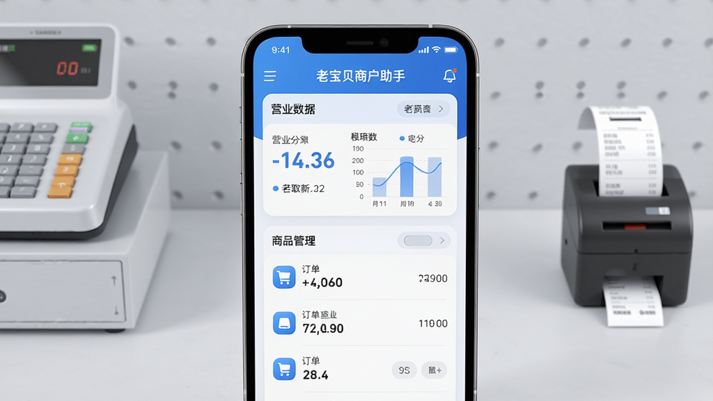 主体:智能手机屏幕显示老宝贝商户助手主界面,界面清晰展示营业数据看板、订单列表、商品管理入口;布局:手机居中,背景为简洁的浅灰色工作台,桌面有收银机、小票打印机等元素;排版:界面模块化排列,图标圆润,数据数字醒目;风格:写实商业风格,光线明亮,色彩以蓝色和白色为主;细节:屏幕中显示“老宝贝商户助手”字样,数据图表清晰可读;画质:高清渲染,干净无多余元素。