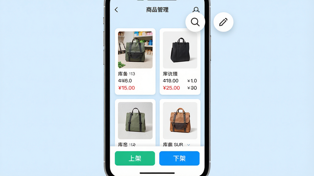 主体:手机端商品管理页面,列表展示多个商品缩略图、价格和库存数量,底部有“上架”“下架”按钮;布局:手机竖屏居中,旁边有放大镜和编辑图标悬浮;排版:商品卡片式排列,信息层次分明;风格:清新简洁,背景浅蓝,卡片白色;细节:商品图片清晰,价格用红色标注,操作按钮醒目;画质:高清渲染,整洁无杂乱。