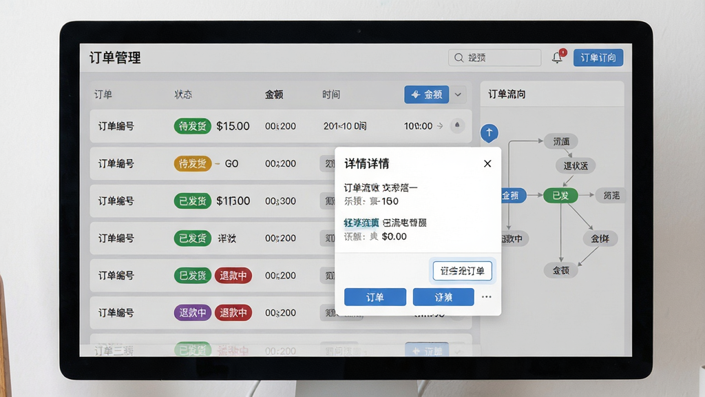 主体:订单管理界面,显示订单列表,状态标签有“待发货”“已发货”“退款中”等,点击某个订单弹出详情窗口;布局:电脑屏幕展示后台界面,右侧有订单流向图;排版:列表行距适中,状态标签彩色区分;风格:商务简洁,背景灰色,白色卡片;细节:订单编号、金额、时间清晰可见,按钮布局合理;画质:精细,无多余元素。
