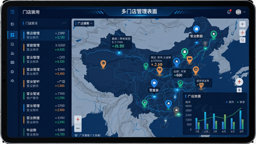 主体:多门店管理界面,地图上分布多个门店标记,点击标记显示该店营业数据;布局:平板横屏,左侧为门店列表,右侧为地图和统计图;排版:信息分区明确,数据仪表盘样式;风格:商务科技感,背景深蓝,数据亮色;细节:门店名称、营业额清晰,地图可缩放;画质:高清渲染,专业干净。