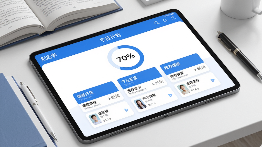 主体:刻后学App的智能规划功能界面,平板上显示学习进度环形图和推荐课程卡片。布局:平板斜放,屏幕朝上,周围有书本和笔作为装饰。排版:屏幕中央有“今日计划”字样,下方三列卡片。风格:简洁商务风,蓝白主色调。细节:环形图显示70%完成率,卡片上有课程名称和时间。画质:高清渲染,干净,无多余元素。