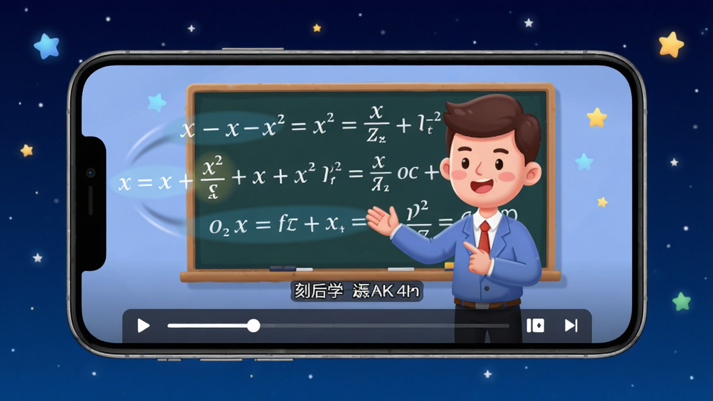主体:刻后学App的视频播放页面,手机横屏显示动画微课,画面中有一个卡通老师正在讲解公式。布局:手机居中,背景为深蓝色星空。排版:视频底部有进度条和控制按钮。风格:卡通动画风格,色彩明亮。细节:画面中有公式飞舞,字幕清晰。画质:4K超清,干净,无多余元素。