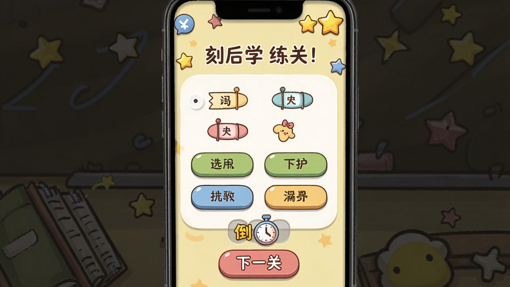 主体:刻后学App的练习闯关界面,手机屏幕显示一道选择题和四个选项,下方有倒计时。布局:手机竖屏展示,背景为浅黄色,有卡通装饰。排版:题目文字清晰,选项按钮圆润。风格:卡通教育风格,色彩活泼。细节:右上角有星星评分,底部有“下一关”按钮。画质:1080P,干净,无多余元素。