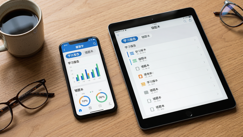 主体:刻后学App在手机和平板上同时运行,屏幕显示学习报告图表和错题本列表。布局:手机和平板并排,背景为木纹桌面。排版:屏幕上显示“学习报告”和“错题本”标签。风格:写实摄影风格,自然光。细节:有咖啡杯和眼镜作为陪衬。画质:高清,干净,无多余元素。