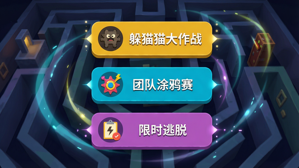 主体:游戏模式选择界面,三个按钮分别代表“躲猫猫大作战”、“团队涂鸦赛”、“限时逃脱”。布局:界面居中,按钮垂直排列,背景为动态迷宫。排版:按钮大小一致,图标清晰。风格:扁平化UI设计,色彩鲜明。细节:每个按钮上有小图标,背景有动态光效。画质:高清,界面干净,无多余元素。