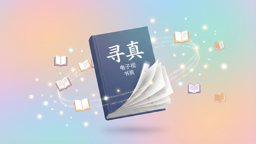 主视觉展示:一本名为“寻真”的电子书悬浮在柔和渐变背景中央,书本封面带有“寻真”字样,周围环绕着流动的光点和书籍图标,布局居中,排版简洁,风格现代扁平,细节包含书页翻动的动态效果,画质高清干净,无多余元素。
