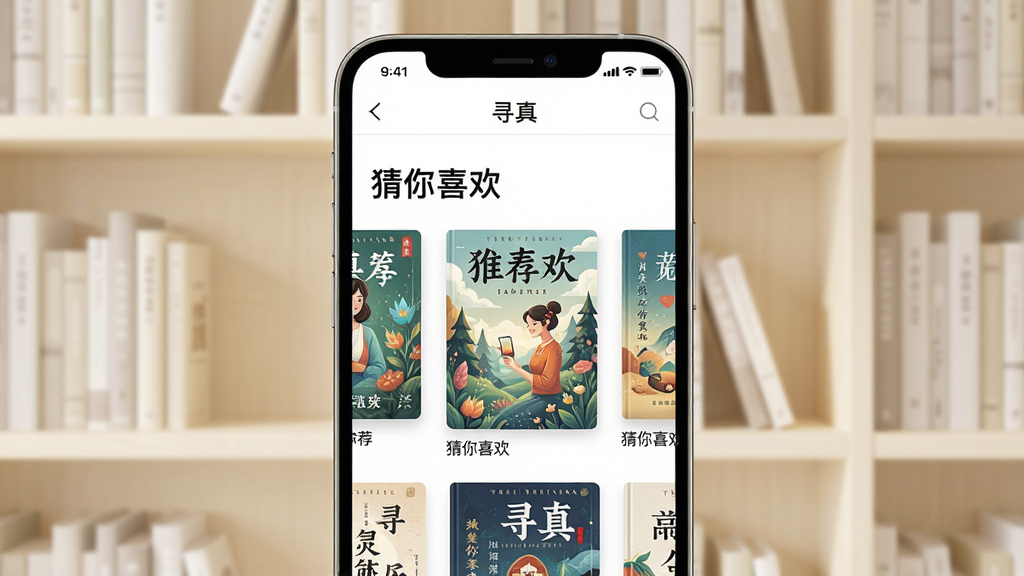 功能预览图:手机屏幕展示“寻真”智能推荐界面,屏幕中央显示几本推荐的书籍封面,上方有“猜你喜欢”文字,背景为浅色书架,布局左右对称,排版清晰,风格清爽,细节包括书籍封面的精美插画,画质高清干净,无多余元素。