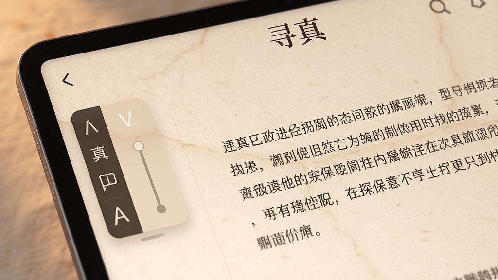 阅读界面特写:平板电脑上展示“寻真”的阅读页面,页面显示一段文字,左侧有调节字体和背景的悬浮工具栏,整体色调温暖,布局为左右结构,风格简约,细节包括柔和的纸张纹理背景,画质高清干净,无多余元素。