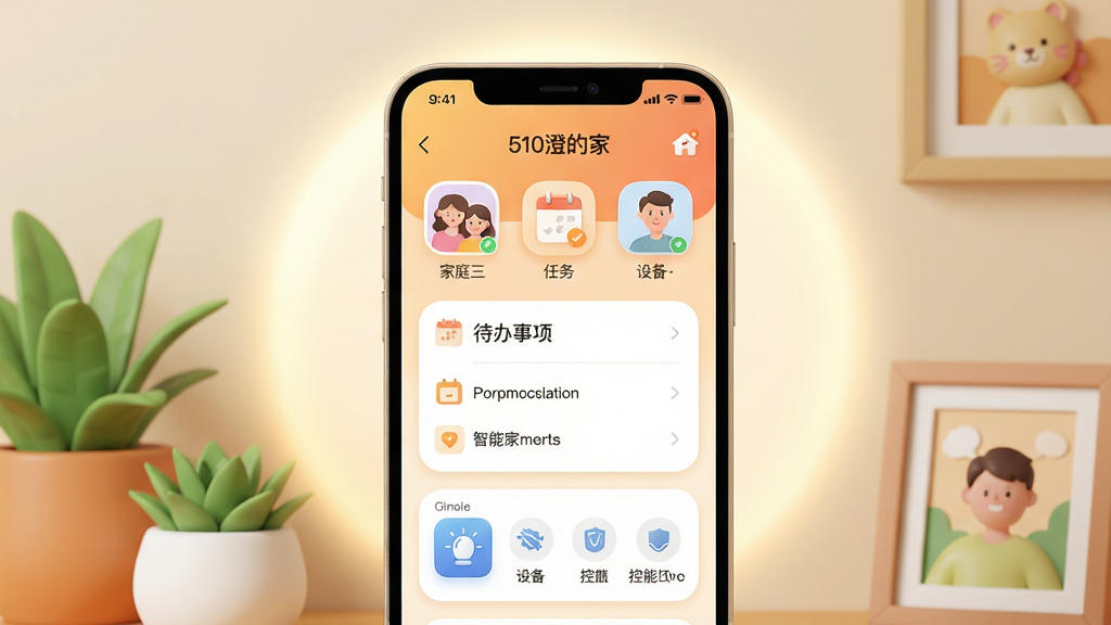 主体:510澄的家应用界面展示,手机屏幕中呈现温馨的家庭管理界面,包含家庭成员头像、待办事项列表、智能家居控制面板。布局:手机居中,屏幕内容清晰可见,周围有柔和的光晕和家庭生活元素(如绿植、相框)点缀。排版:界面UI设计简洁,图标圆润,色彩以暖色调为主,文字标签清晰。风格:现代扁平化风格,结合轻微的3D质感,整体温馨、干净。细节:屏幕中显示“510澄的家”字样,功能图标包括日历、任务、设备控制等。画质:高清渲染,干净,无多余元素。