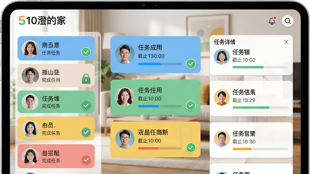 主体:510澄的家应用的任务分配界面,显示家庭成员头像和各自的任务列表,带有完成勾选动画。布局:界面左侧为成员列表,右侧为任务详情,背景为家庭客厅场景。排版:任务卡片整齐排列,颜色区分不同成员,进度条清晰。风格:清新自然风格,色彩明亮,细节丰富。细节:界面顶部有“510澄的家”标识,任务卡片带有图标和截止时间。画质:高清,明亮,干净,无多余元素。