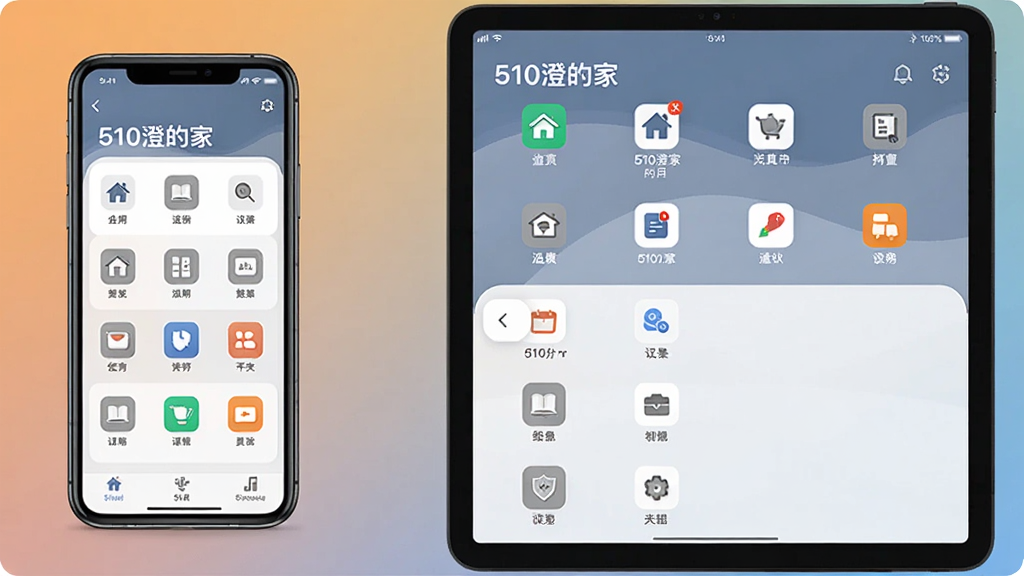 主体:510澄的家应用在手机和平板上运行对比图,左侧为手机界面,右侧为平板界面。布局:两设备并排,背景为渐变色。排版:界面元素适应不同屏幕尺寸,图标排列整齐。风格:简洁商务风格,色彩中性。细节:屏幕中显示“510澄的家”主界面,功能图标清晰。画质:高清,干净,无多余元素。