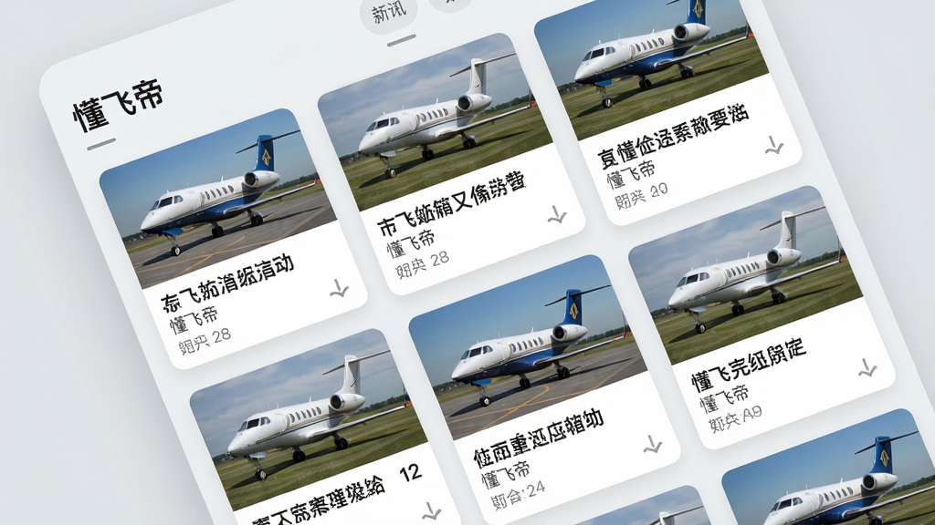 一张展示“懂飞帝”APP资讯聚合页面的效果图,屏幕上铺满不同私人飞机新闻卡片,每张卡片配有飞机照片和标题,背景为浅灰色,界面采用卡片式布局,整体风格清爽,文字清晰,画质高,干净无多余元素