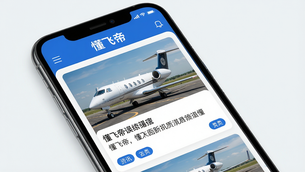 一张展示“懂飞帝”APP在智能手机上运行的界面预览图,主屏幕显示私人飞机高清图片与资讯列表,顶部有“懂飞帝”品牌字样,整体风格现代简洁,蓝白配色,界面布局清晰,包含飞机图片、标题摘要和分类标签,画质细腻,干净无多余元素