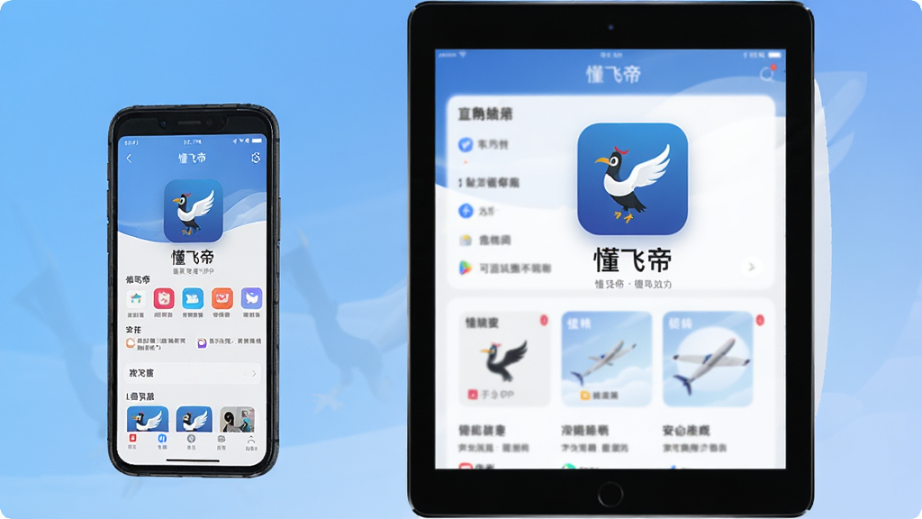 一张展示“懂飞帝”APP在手机和平板上运行对比的图片,左侧手机、右侧平板,屏幕中均显示APP主界面,背景为渐变蓝色,整体风格干净整洁,画质清晰,无多余元素
