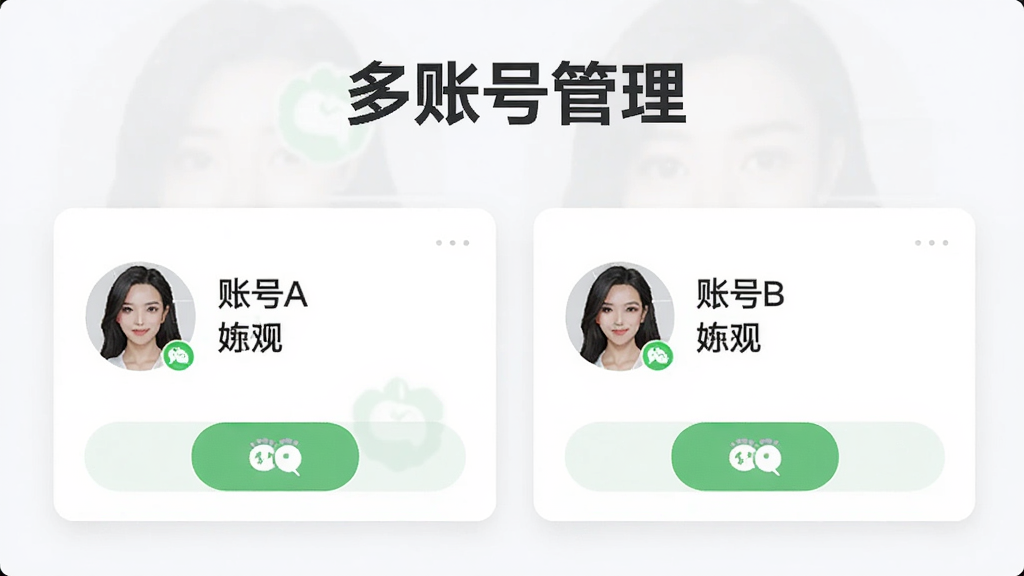 微商大师专业版多账号管理界面,显示两个微信账号卡片,分别标注“账号A”和“账号B”,每个卡片内有头像、昵称和切换按钮,界面简洁,浅色背景,画质干净,文字标注“多账号管理”