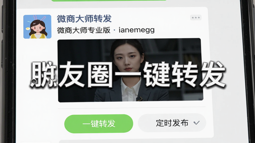 微商大师专业版朋友圈转发界面,展示一条朋友圈内容,下方有“一键转发”和“定时发布”按钮,手机界面模拟,背景为微信聊天风格,色彩清新,画质干净,文字标注“朋友圈一键转发”