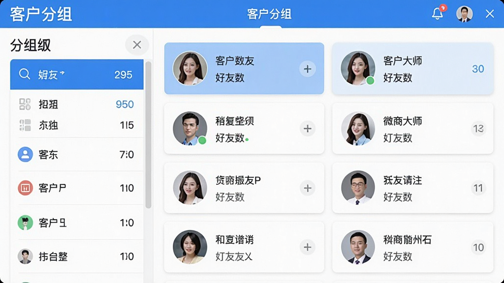 微商大师专业版客户分组管理界面,左侧显示分组列表,右侧为好友头像与备注信息,界面采用卡片式布局,蓝白配色,清晰展示分组数量与好友数,画质干净,细节丰富,文字标注“客户分组”