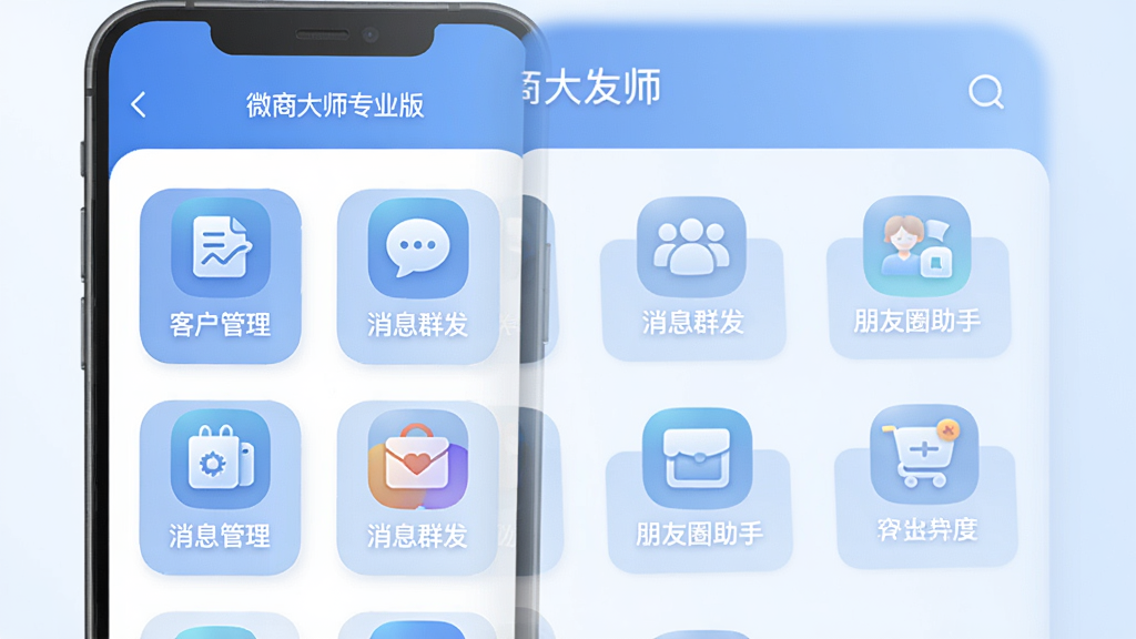 图片展示微商大师专业版在手机上的主界面,界面包含客户管理、消息群发、朋友圈助手等核心功能模块,整体采用蓝色主色调,布局清晰,图标圆润,背景为浅色渐变,画质干净,无多余元素,文字标注“微商大师专业版”