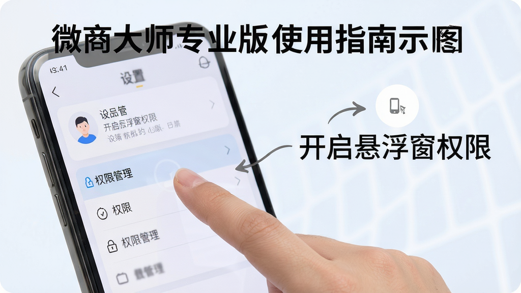 微商大师专业版使用指南示意图,手机屏幕显示设置界面,手指点按“权限管理”选项,背景为浅色,旁有文字标注“开启悬浮窗权限”,画质干净,细节清晰