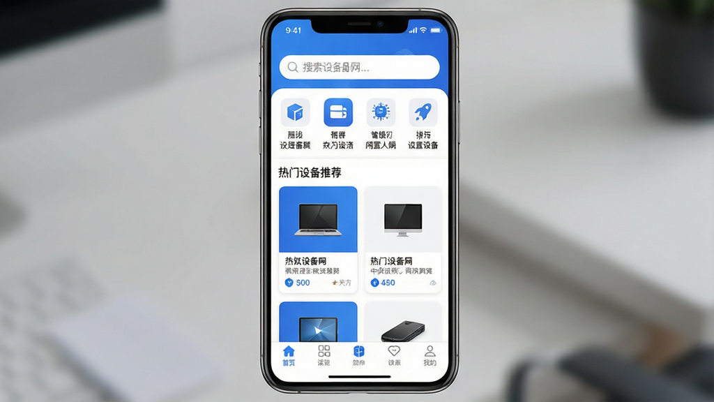 一张展示“闲置设备网”手机APP界面的高清截图,主体是APP首页,顶部有搜索栏,下方分类图标排列整齐,中间有热门设备推荐卡片,底部导航栏清晰,整体布局简洁现代,色彩以蓝色和白色为主,画面干净明亮,细节丰富,文字清晰可读,风格偏向商务科技感,画质细腻,无多余元素
