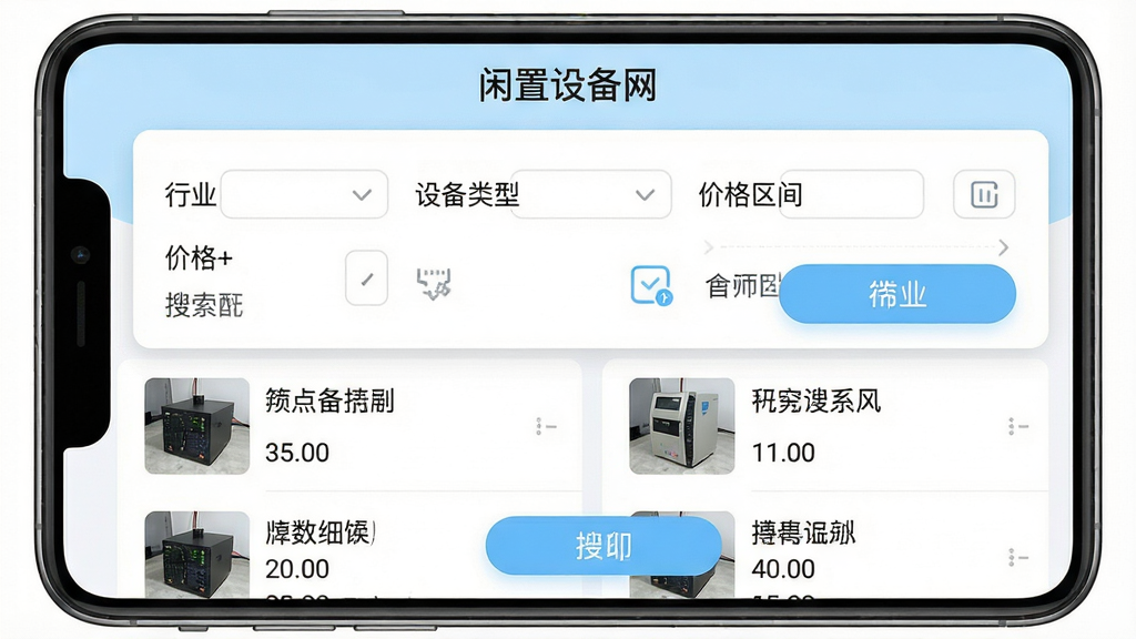 一张“闲置设备网”APP的搜索筛选界面截图,主体是筛选条件面板,包括行业分类、设备类型、价格区间等选项,下方显示筛选结果列表,每项有设备缩略图和简要信息,界面简洁明了,操作按钮醒目,整体色调清爽,以白色和浅蓝色为主,画质清晰,细节完整,无多余装饰