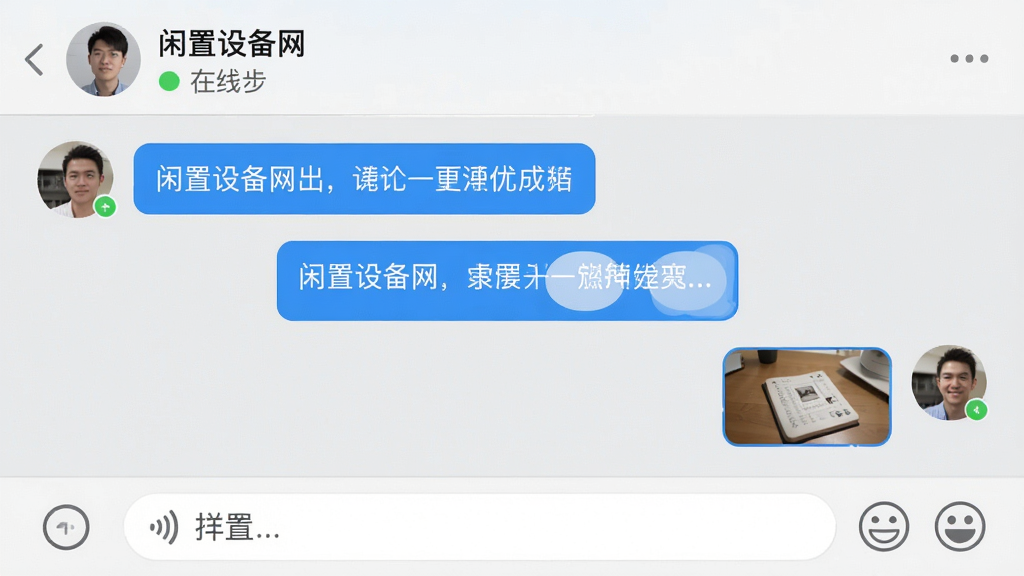 一张“闲置设备网”APP的聊天界面截图,主体是对话窗口,包含文字消息和图片消息气泡,底部有语音输入和表情按钮,顶部显示对方昵称和在线状态,界面风格简洁友好,背景为浅灰色,消息气泡以蓝色和白色区分,画质清晰,无多余元素