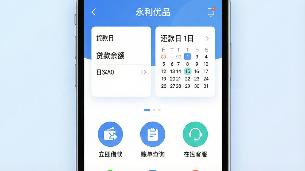 一幅现代简约风格的手机应用界面预览图,画面中央展示“永利优品”APP主屏幕,上方显示贷款余额和还款日历,下方排列“立即借款”、“账单查询”、“在线客服”三个圆形图标,背景为淡蓝色渐变,整体布局清晰,排版整洁,科技感十足,画质高清,干净无多余元素