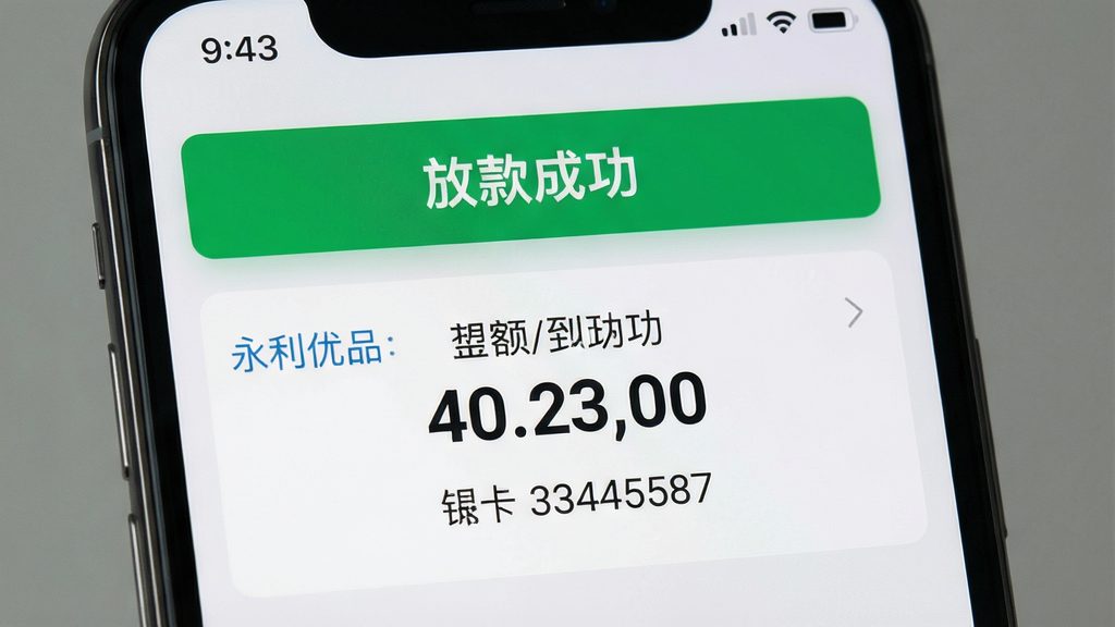 一张展示永利优品放款成功的手机通知截图,画面上方有“放款成功”绿色横幅,下方显示到账金额和银行卡尾号,背景为浅灰色,手机状态栏显示时间,整体风格写实,布局清晰,排版整洁,画质高清,无多余元素